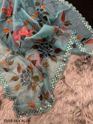 Party Wear Organza Sky Blue Saree With Raw Silk Blouse