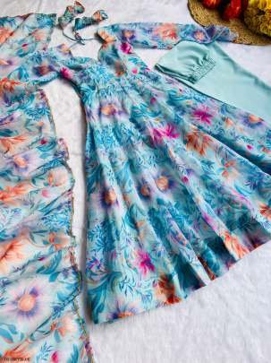 Party Wear Organza Taby Silk Gown With Dupatta And Bottom