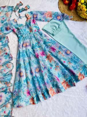 Party Wear Organza Taby Silk Gown With Dupatta And Bottom