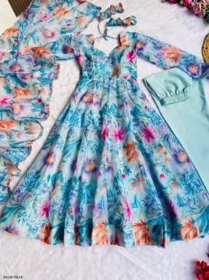 Party Wear Organza Taby Silk Gown With Dupatta And Bottom