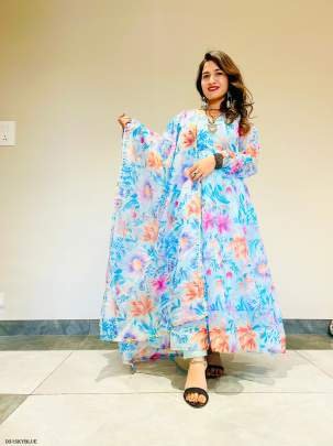 Party Wear Organza Taby Silk Gown With Dupatta And Bottom