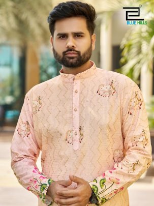 Party Wear Peach Mens Kurta Pyjama By Blue Hills