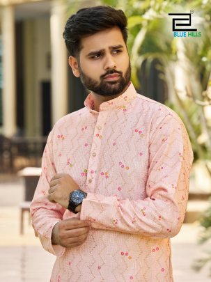 Party Wear Peach Mens Kurta Pyjama By Blue Hills