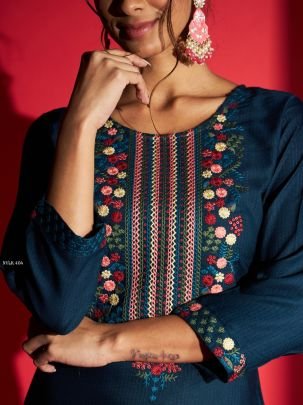 Party Wear Petrol Blue Viscose Rayon 3pcs Kurti Set