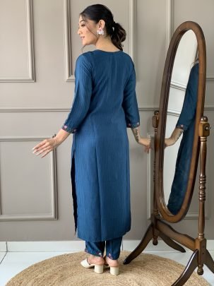 Party Wear Petrol Blue Viscose Rayon 3pcs Kurti Set