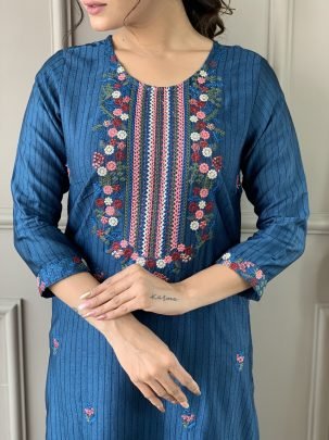 Party Wear Petrol Blue Viscose Rayon 3pcs Kurti Set