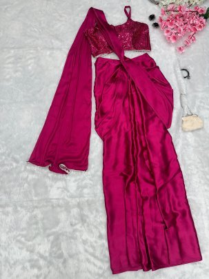 Party Wear Pink One Mint Saree With Stitched Blouse