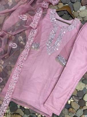 Party Wear Pink Organza Suit With Pant And Dupatta Set