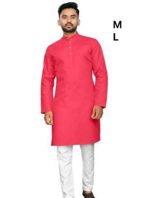Party Wear Pink Plain Cotton Kurta And Pyjama