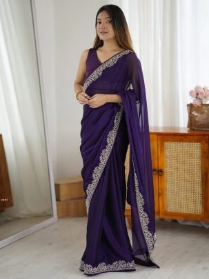  Party Wear Purple Embroidery Border Saree With Unstitch Blouse 
