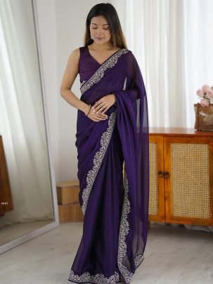 Party Wear Purple Embroidery Border Saree With Unstitch Blouse