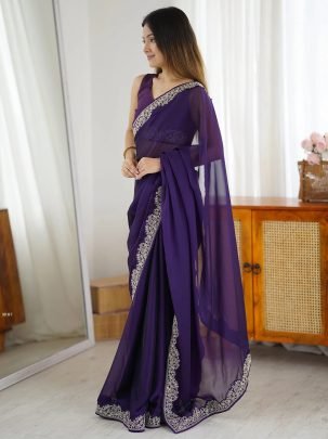 Party Wear Purple Embroidery Border Saree With Unstitch Blouse