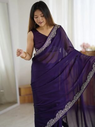 Party Wear Purple Embroidery Border Saree With Unstitch Blouse