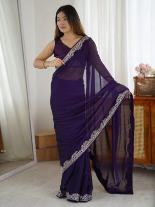Party Wear Purple Embroidery Border Saree With Unstitch Blouse