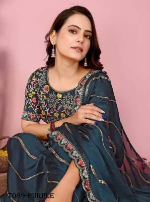 Party Wear Purple Rangoli Silk Saree With Lace Border Blouse