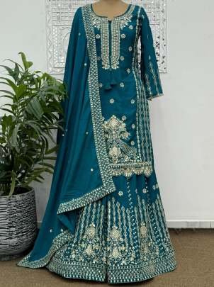 Party Wear Rama Embroidery Work Kurti Palazzo With Dupatta