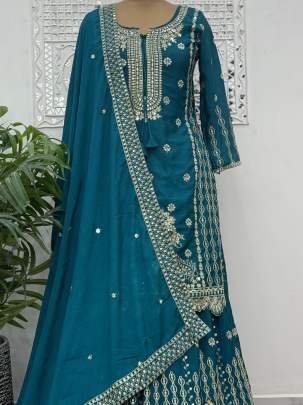 Party Wear Rama Embroidery Work Kurti Palazzo With Dupatta