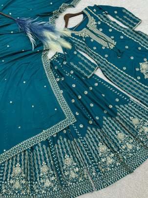 Party Wear Rama Embroidery Work Kurti Palazzo With Dupatta