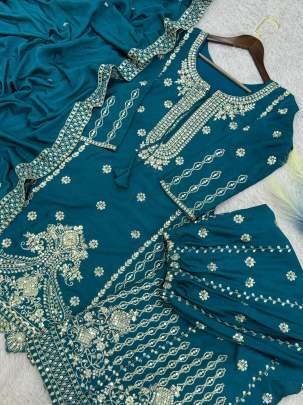Party Wear Rama Embroidery Work Kurti Palazzo With Dupatta
