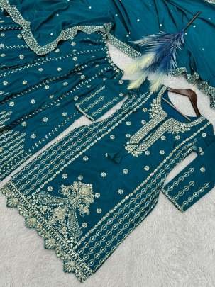 Party Wear Rama Embroidery Work Kurti Palazzo With Dupatta