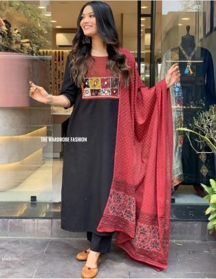 Party wear Rayon with mirror work Black Color Kurti Suit Set