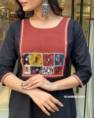 Party wear Rayon with mirror work Black Color Kurti Suit Set