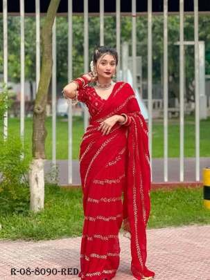 Party Wear Red Embroidered Georgette Saree
