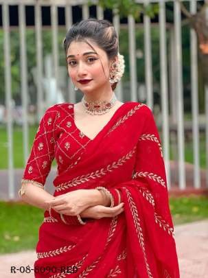 Party Wear Red Embroidered Georgette Saree