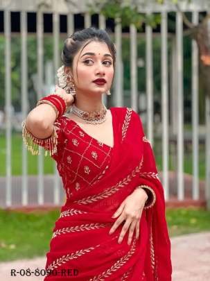 Party Wear Red Embroidered Georgette Saree