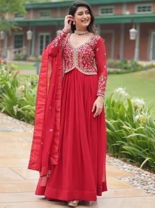 Party Wear  Red Faux Blooming Gown With Dupatta