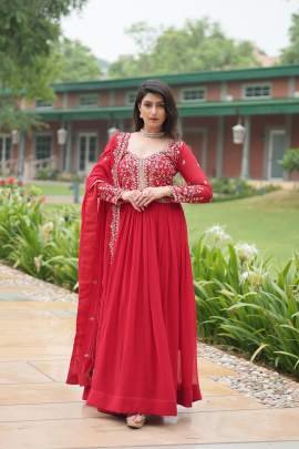 Party Wear  Red Faux Blooming Gown With Dupatta