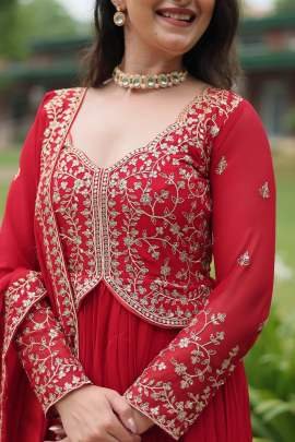 Party Wear  Red Faux Blooming Gown With Dupatta