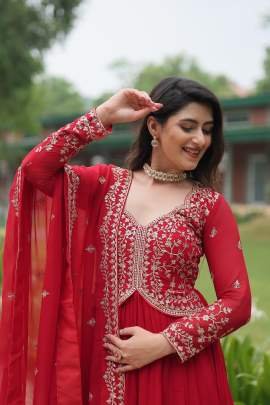 Party Wear  Red Faux Blooming Gown With Dupatta