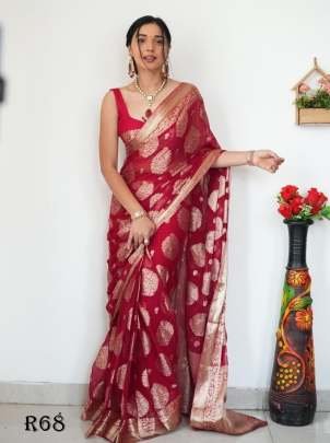 Party Wear Red Lichi Silk Ready To Wear Saree