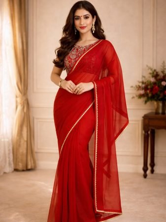 Party Wear Red Saree With Embroidery Blouse 