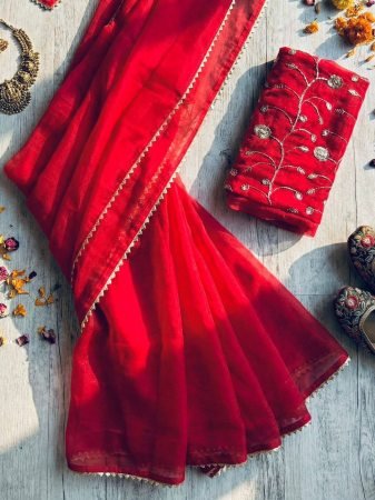 Party Wear Red Saree With Embroidery Blouse