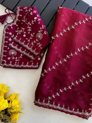 Party Wear Sequins Kumkum Silk Saree