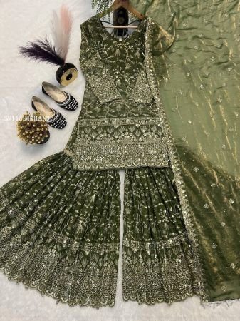 Mehendi Green Fully Stitched Sharara Palazzo Suit for Women