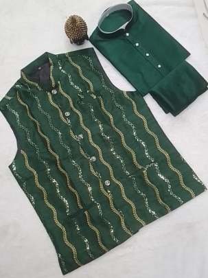 Party Wear Silk Green Kurta And Pyjama With Koti