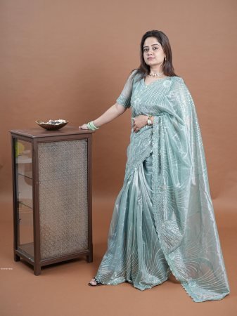 Party Wear Sky Blue Embroidered Saree in Soft Twill Net with Stone Work