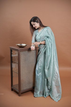 Party Wear Sky Blue Embroidered Saree in Soft Twill Net with Stone Work