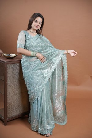 Party Wear Sky Blue Embroidered Saree in Soft Twill Net with Stone Work