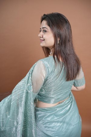 Party Wear Sky Blue Embroidered Saree in Soft Twill Net with Stone Work
