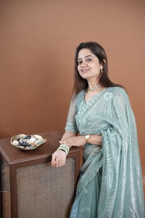 Party Wear Sky Blue Embroidered Saree in Soft Twill Net with Stone Work