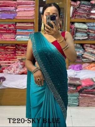 Party Wear Sky Blue Japan Satin Saree For Women Wear