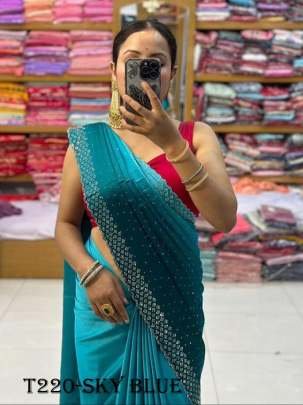 Party Wear Sky Blue Japan Satin Saree For Women Wear