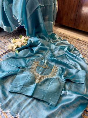 Party Wear Sky Blue Zimmy choo Silk saree with Readymade Blouse