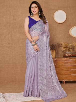 Party Wear Soft Burberry  Silk Saree with Sequence Embroidered Cut Work 