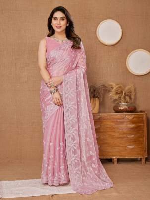 Party Wear Soft Burberry  Silk Saree with Sequence Embroidered Cut Work