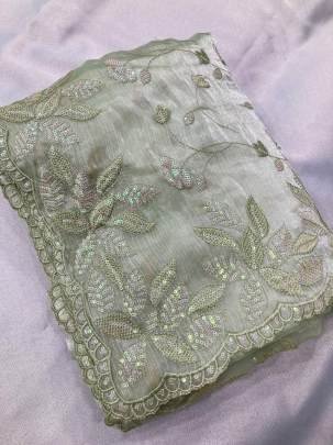 Party Wear Soft Burberry  Silk Saree with Sequence Embroidered Cut Work